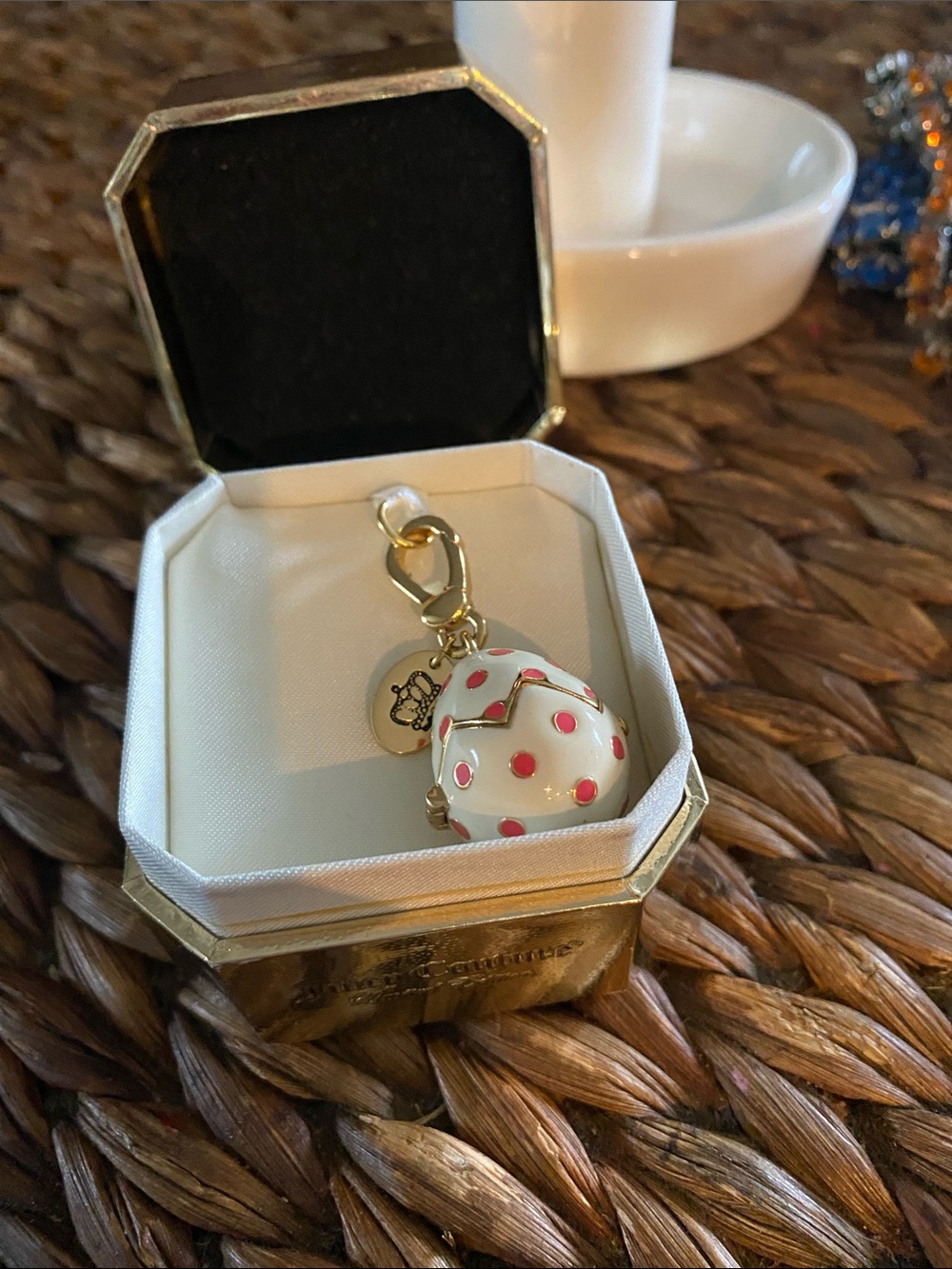 Juicy Couture L/E White Enamel Egg Charm with Pink Polka Dots and Gold Hardware